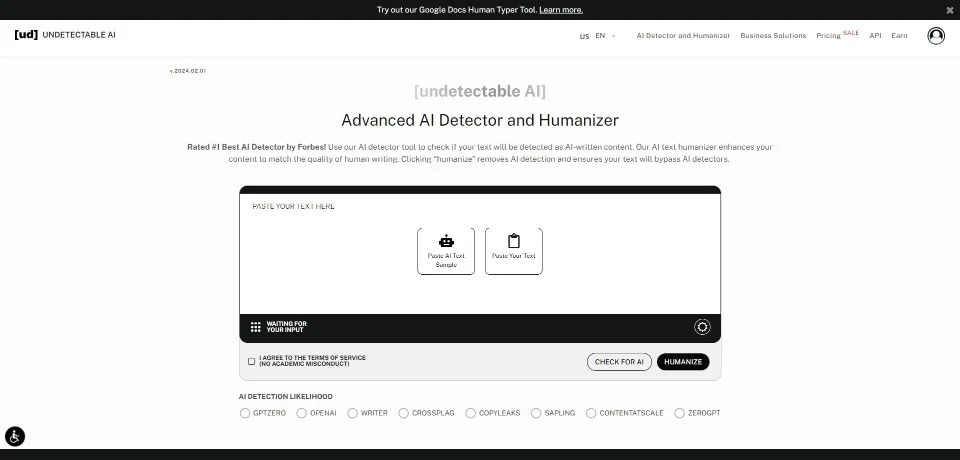 Undetectable.ai landing page
