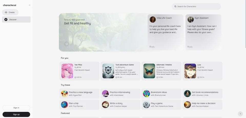 Character.ai landing page