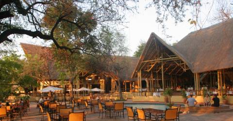 Uteservering i solnedgång på restaurang på Chobe Safari Lodge, Botswana