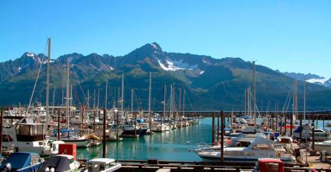 Båtar och snötäckta berg i ett soligt Seward Harbour, Alaska