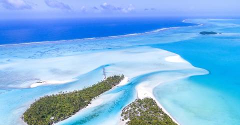 Vy över turkost vatten på ön Aitutaki, Cook