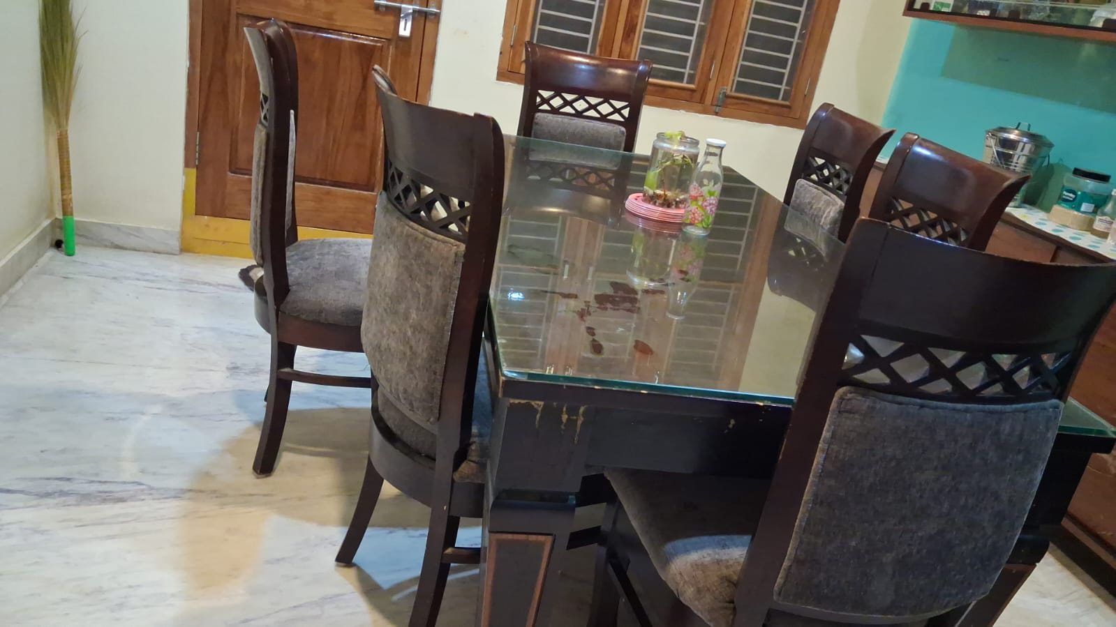 6-Seater Wooden Dining Table Set with Glass Top & Cushioned Chairs for sale in Hanamkonda, Telangana