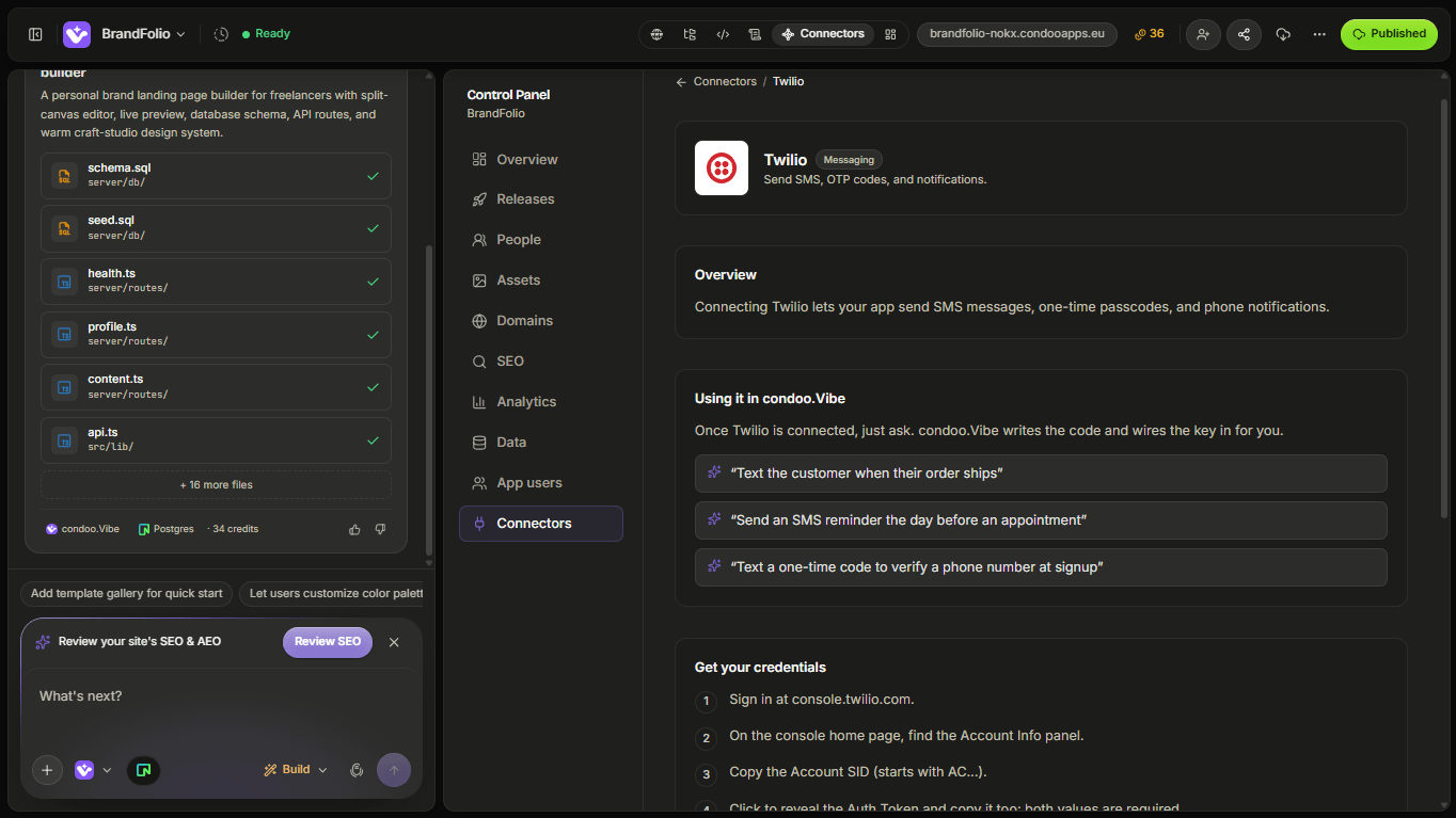 Twilio-Konfiguration in condoo.Vibe