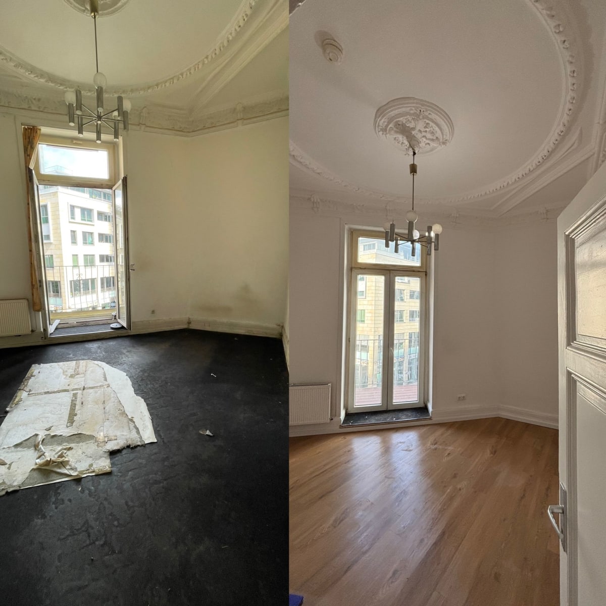 Altbauzimmer im Frankfurter Bahnhofsviertel vorher und nachher – alter Boden, danach neuer Holzboden, frische Wände und erhaltene Stuckdecke