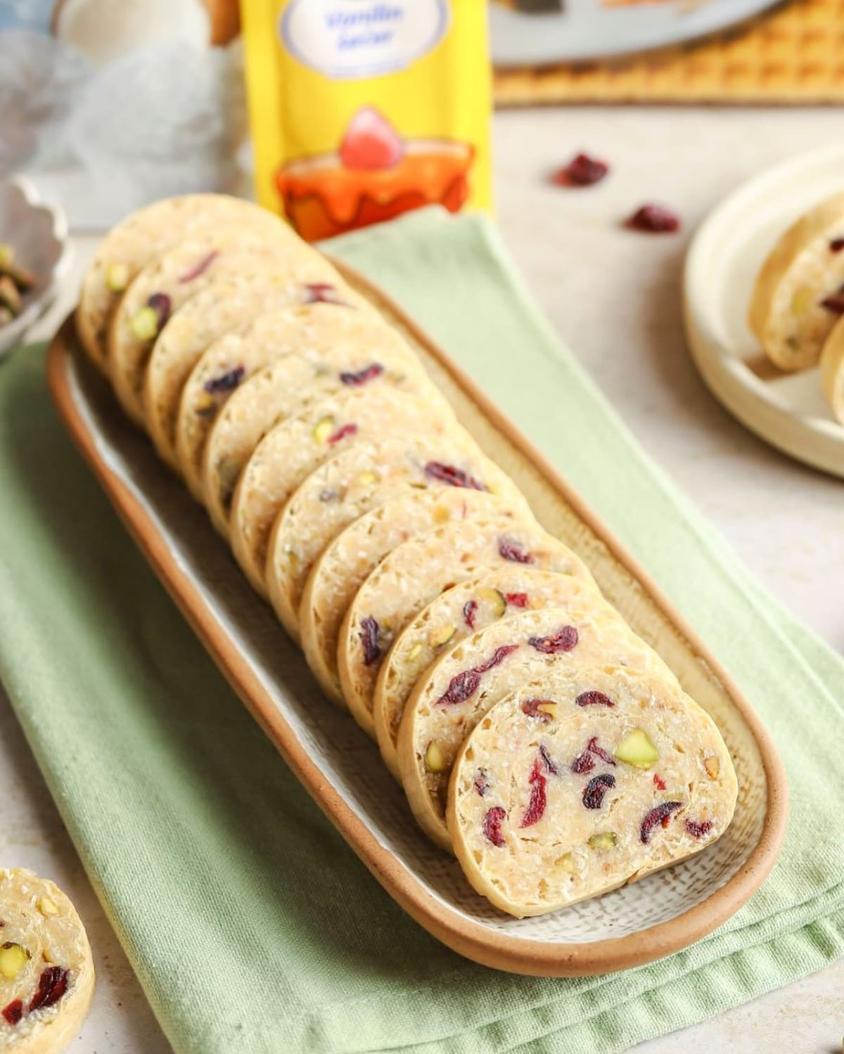 Easy Wafer Roll with Pistachio and Cranberry Filling, close-up