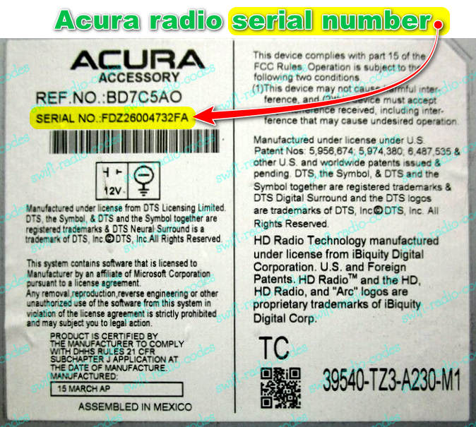 acura rl radio code