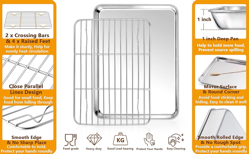 17.5 Inch Baking Sheet Pan with Rack Set of 4, Joyfair  Stainless Steel Half Size Large Cookie Sheets with Cooling Racks, Non-toxic  & Commercial Grade, Extra Thick & Rolled Rim(2 Pans