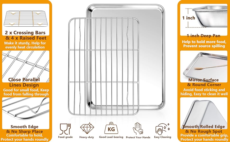  P&P CHEF Extra Large Baking Sheet and Cooking Rack Set,  Stainless Steel Cookie Half Sheet Pan with Grill Rack, Rectangle  19.6''x13.5''x1.2'', Oven & Dishwasher Safe, 4 Piece (2 Pans+2 Racks): Home