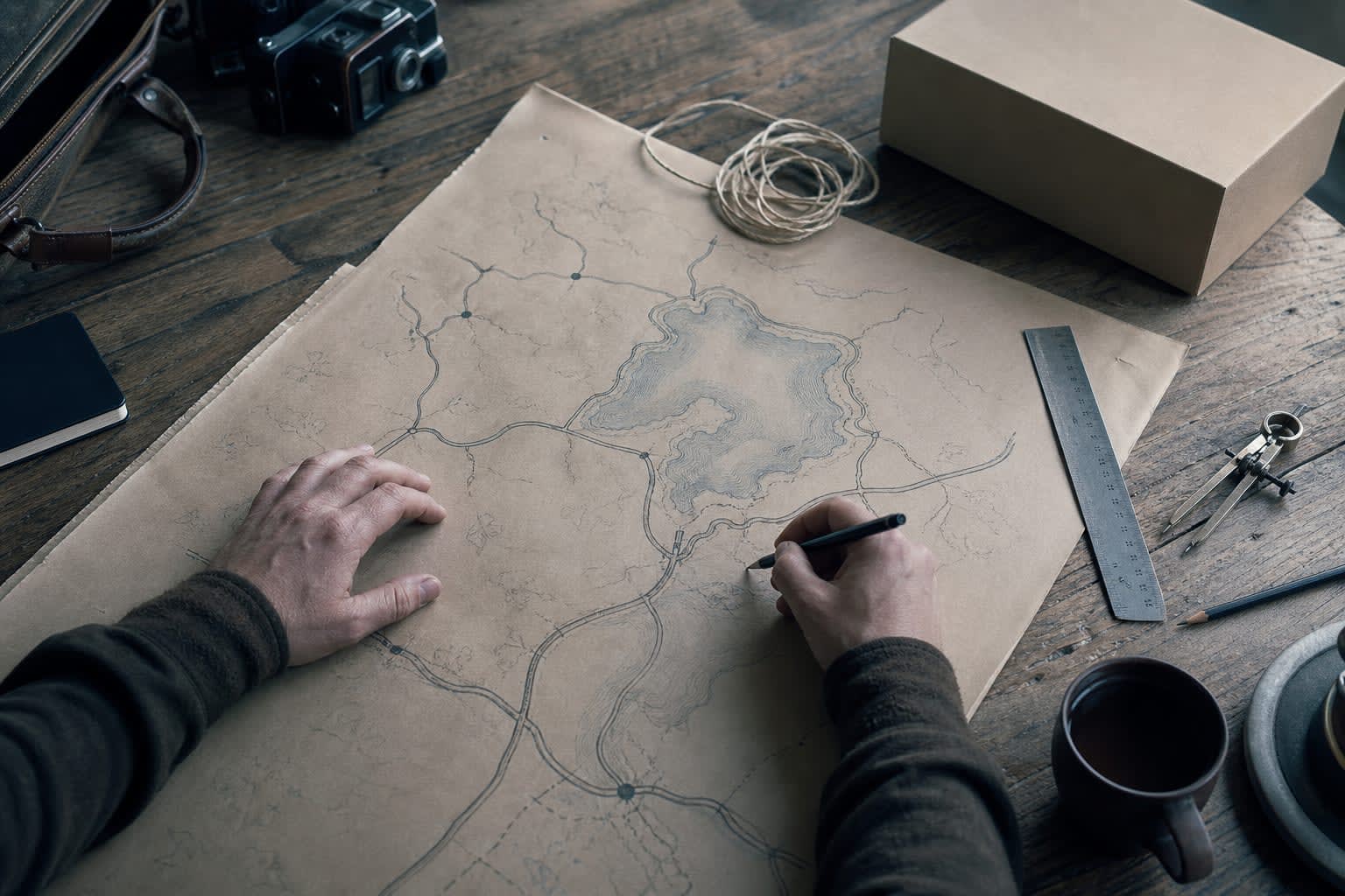 Hands drawing a road-trip route across cream gift paper beside a ruler, compass, string, and gift box