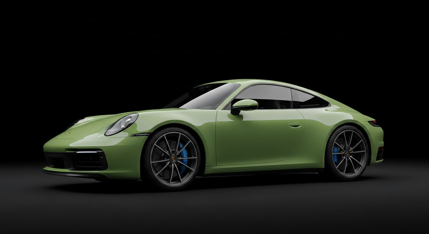 2022 Porsche 911 Carrera 992 in Aventurine Green Metallic, side profile, studio