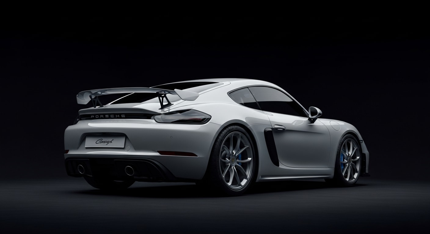 2021 Porsche 718 Cayman GT4 in GT Silver Metallic, three-quarter rear, studio