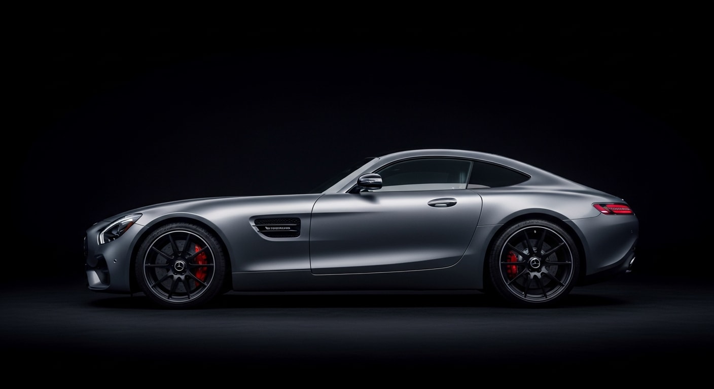 2017 Mercedes-AMG GT C in matte Selenite Grey, side profile, studio