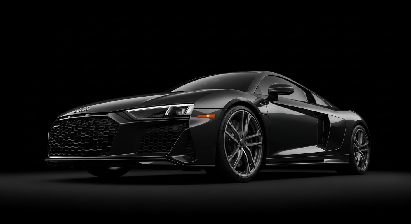 2019 Audi R8 V10 Plus in Mythos Black Metallic, three-quarter front, studio