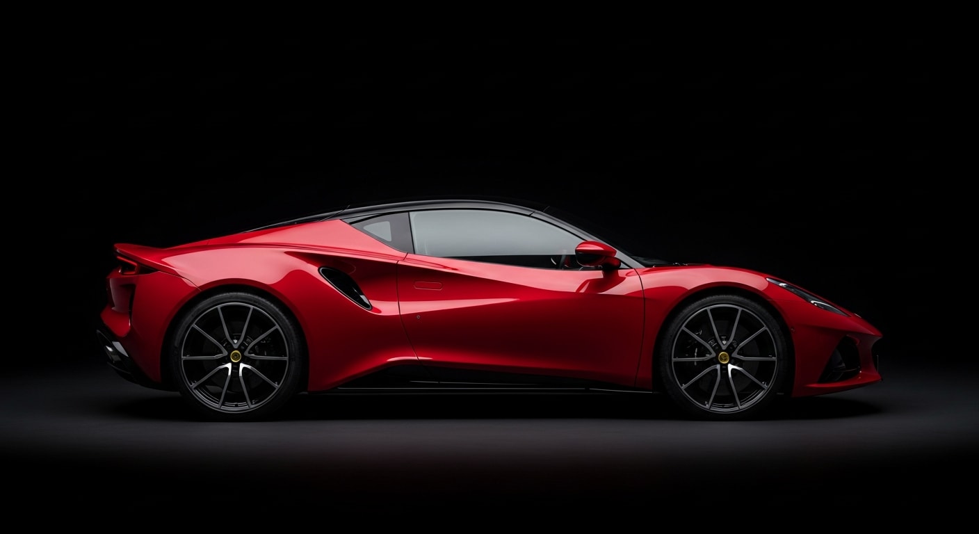 2023 Lotus Emira V6 First Edition in Magma Red, side profile, studio