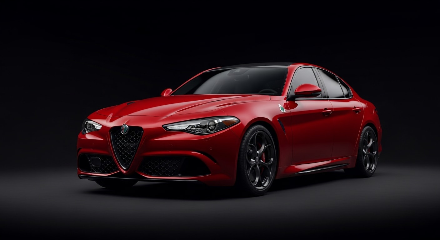 2023 Alfa Romeo Giulia Quadrifoglio in Rosso Etna, three-quarter front, studio