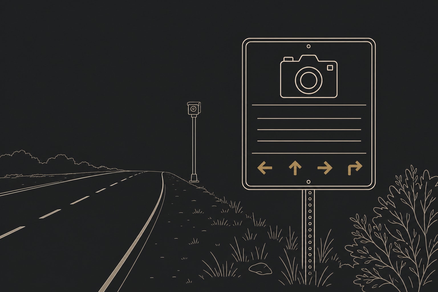 A monoline illustration of a roadside disclosure sign carrying a camera pictogram, blank fields, and four directional arrows, with a camera on a pole further down the road