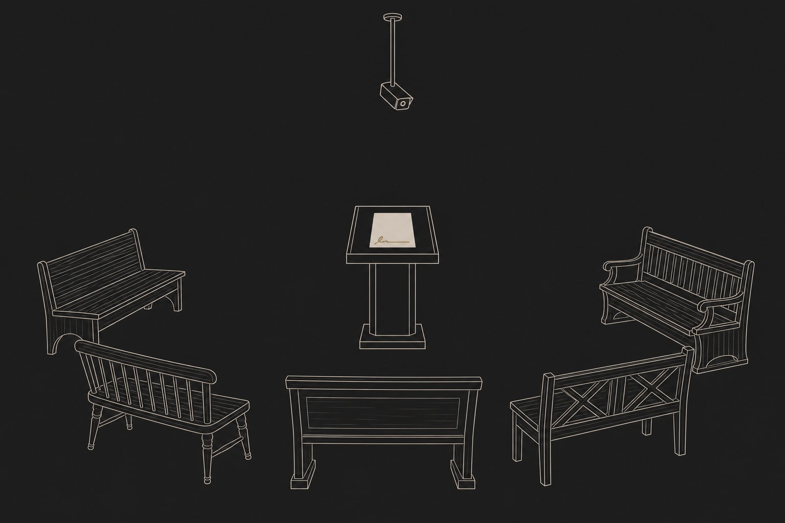 A monoline illustration of five distinct empty benches arranged in a semicircle around a lectern holding a single sheet with a brass signature line, watched by one camera overhead