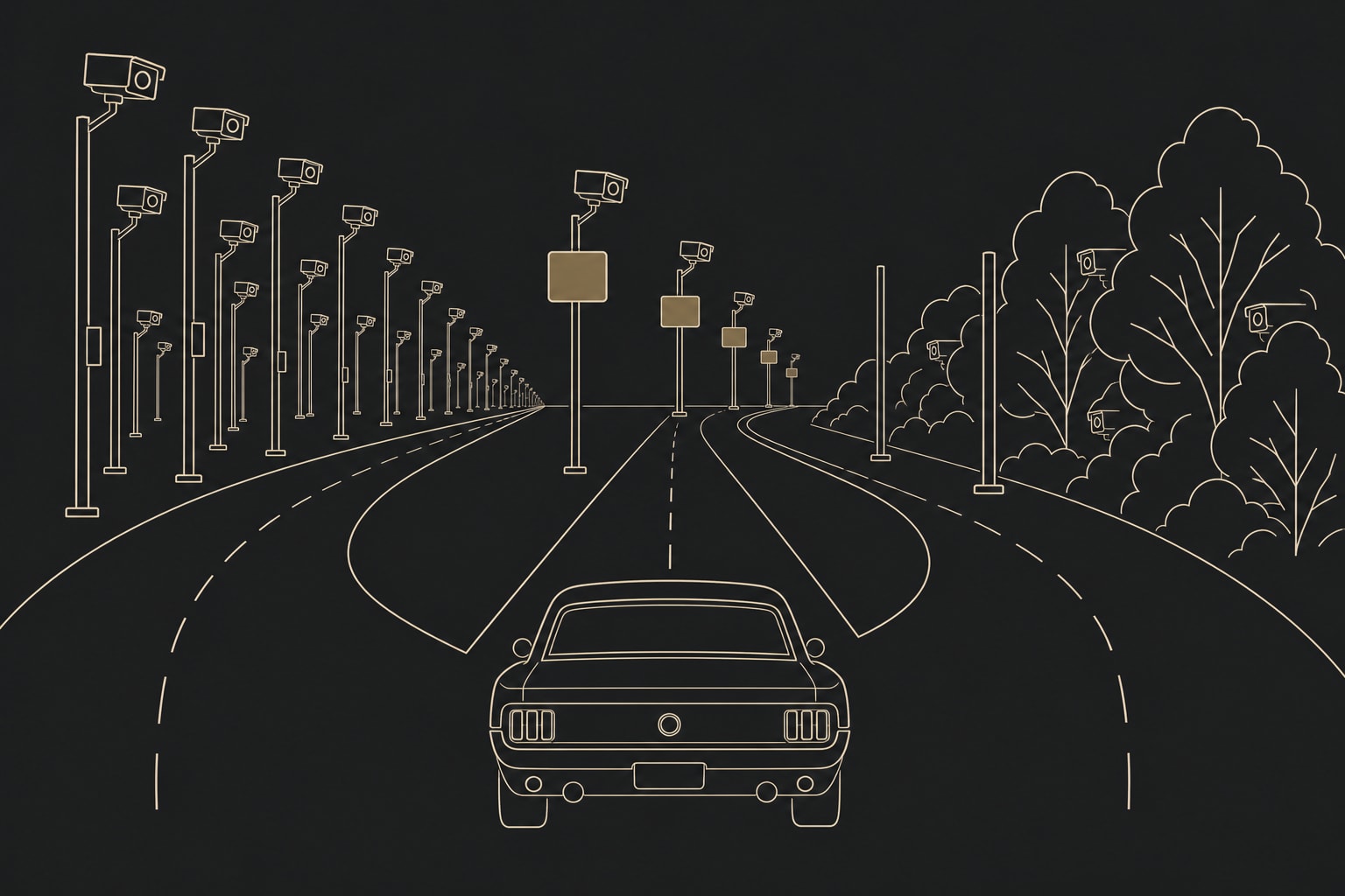 A monoline illustration of three roads receding to the horizon, one crowded with camera poles, one with cameras paired with disclosure signs, and one with cameras hidden among the trees, a classic car choosing between them