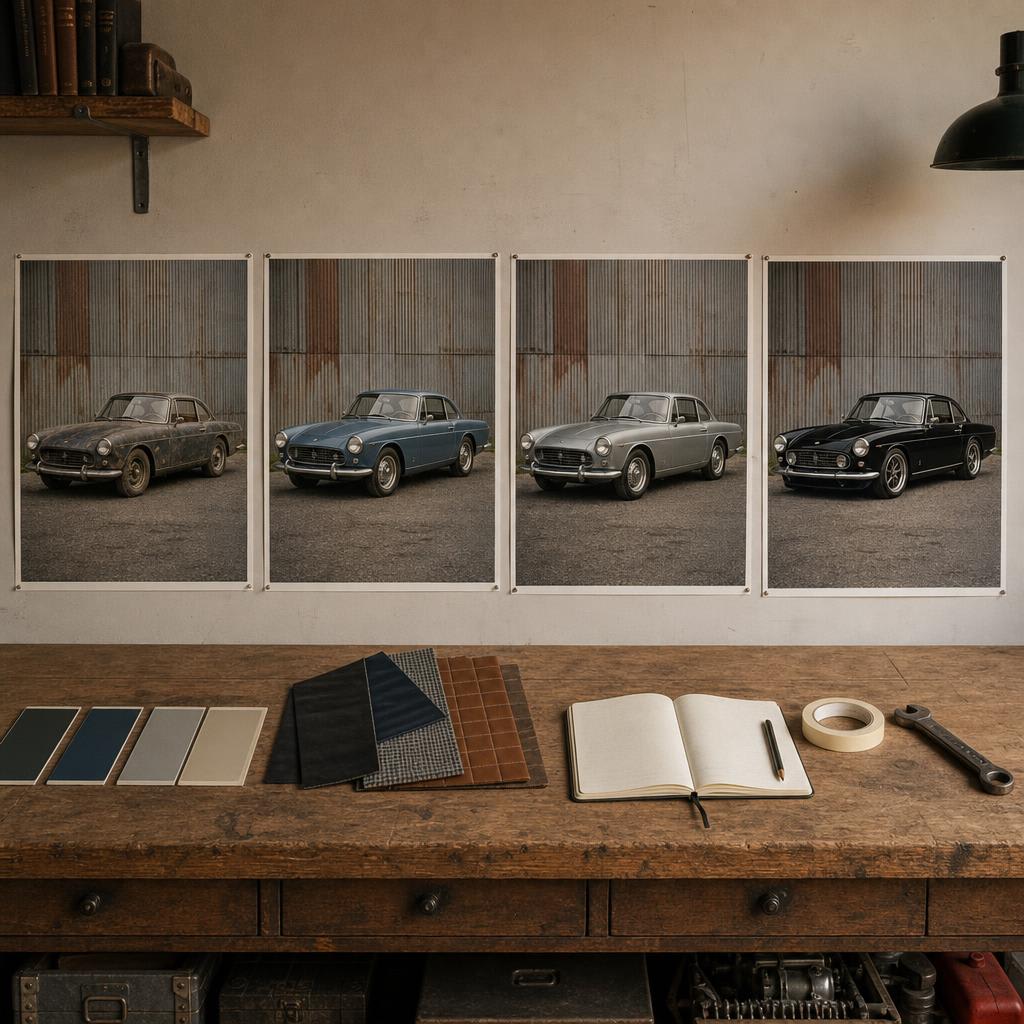 Four visual milestone prints of the same vintage coupe progressing from preserved patina to a finished custom restoration above a workshop bench