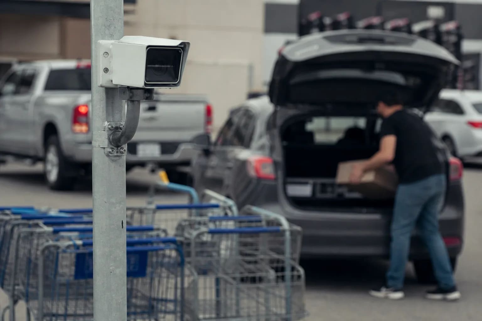 A license-plate camera watches a store parking lot while a customer loads a box into a car.