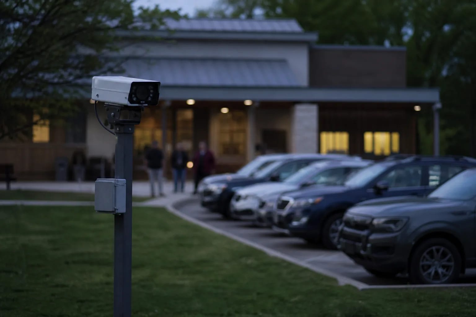 A license-plate camera stands outside a neighborhood community building as people arrive.