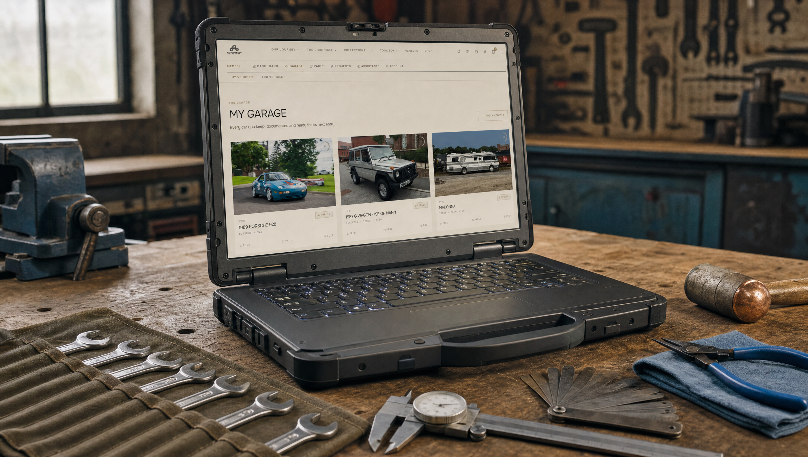 A rugged laptop on a workshop bench showing the My Garage screen, surrounded by hand tools