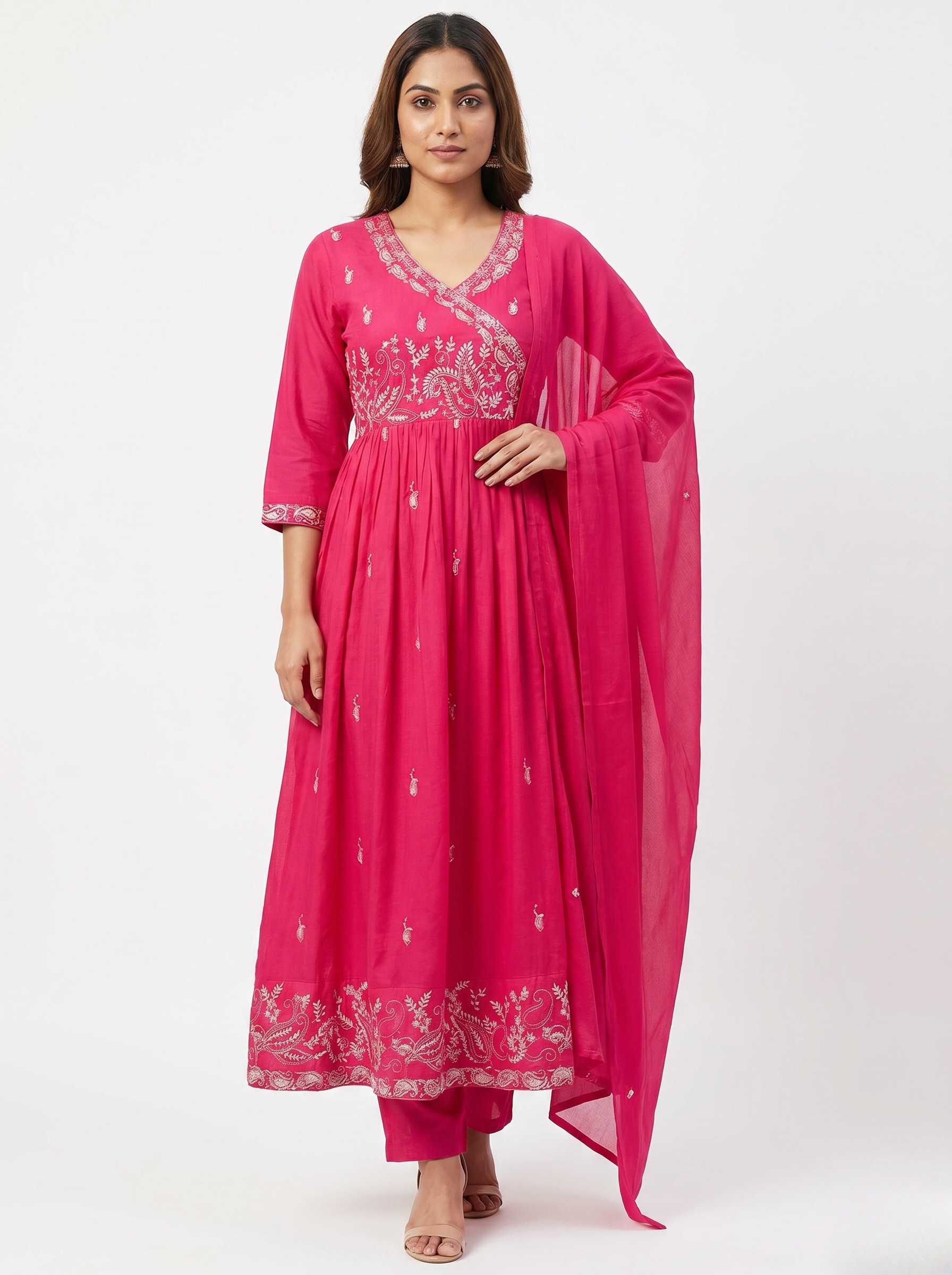 Rani Pink Embroidered Angrakha Anarkali Suit Set