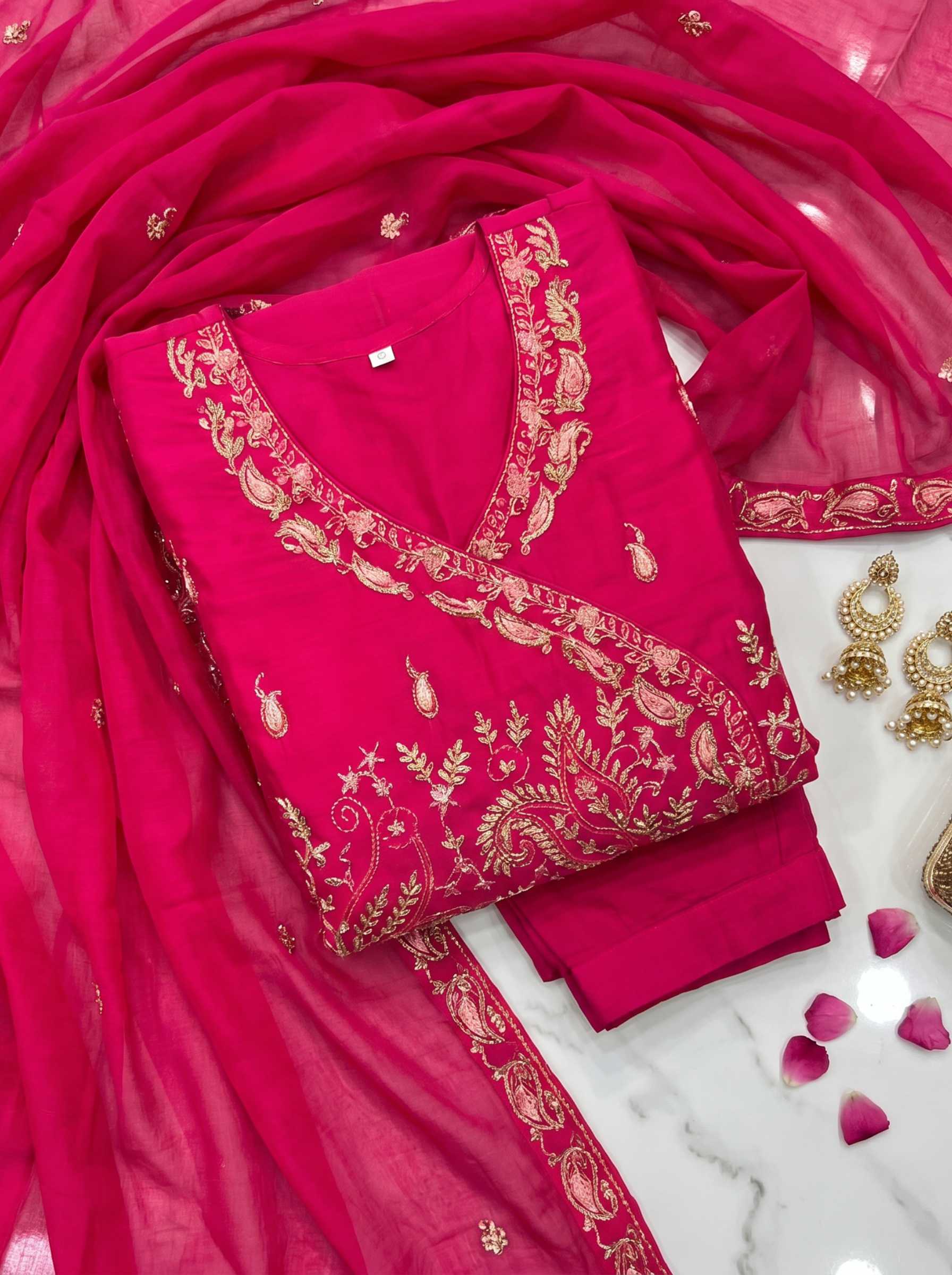 Rani Pink Embroidered Angrakha Anarkali Suit Set view 3