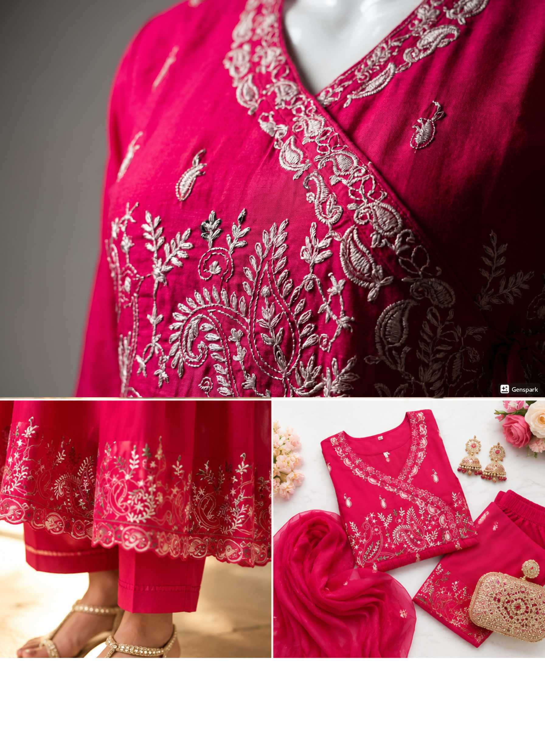 Rani Pink Embroidered Angrakha Anarkali Suit Set view 4