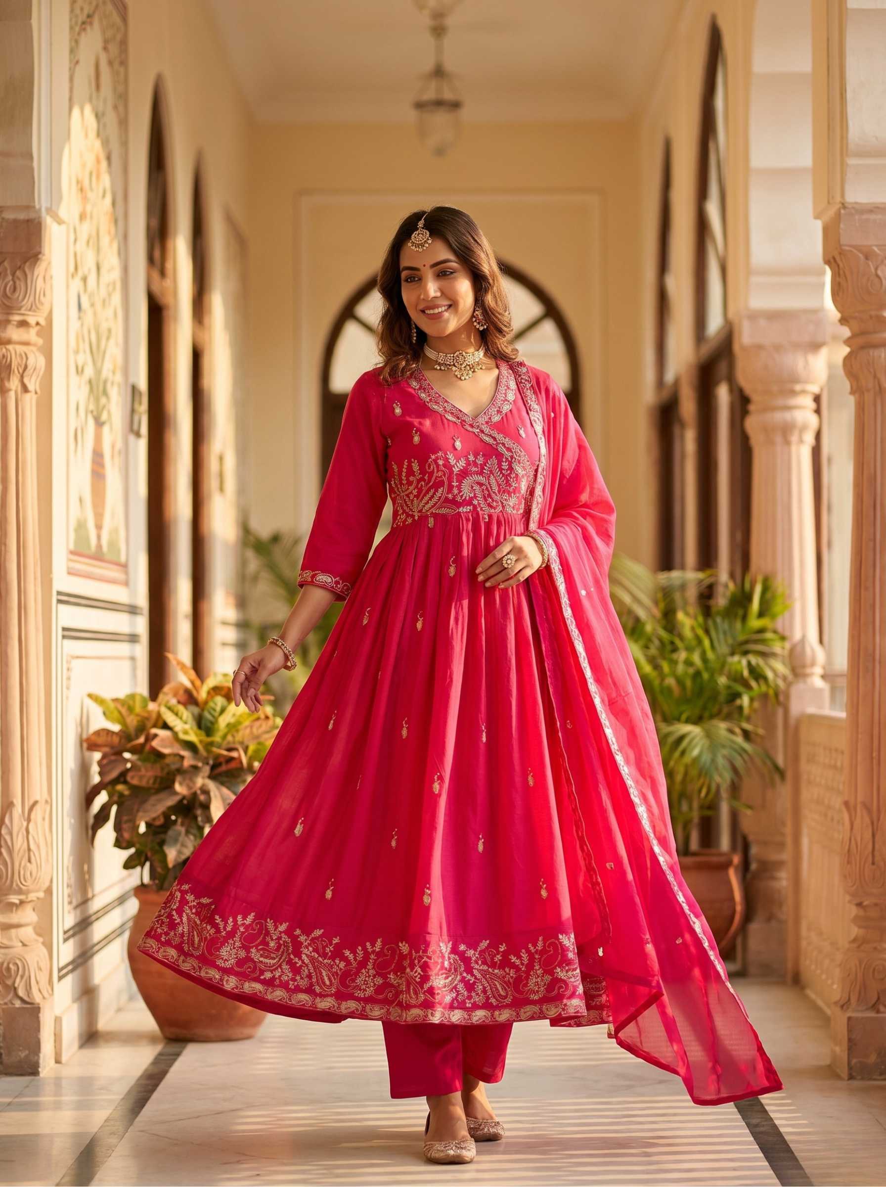 Rani Pink Embroidered Angrakha Anarkali Suit Set view 5