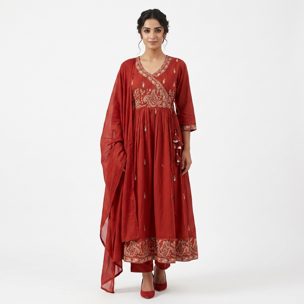 Maroon Embroidered Angrakha Anarkali Suit Set