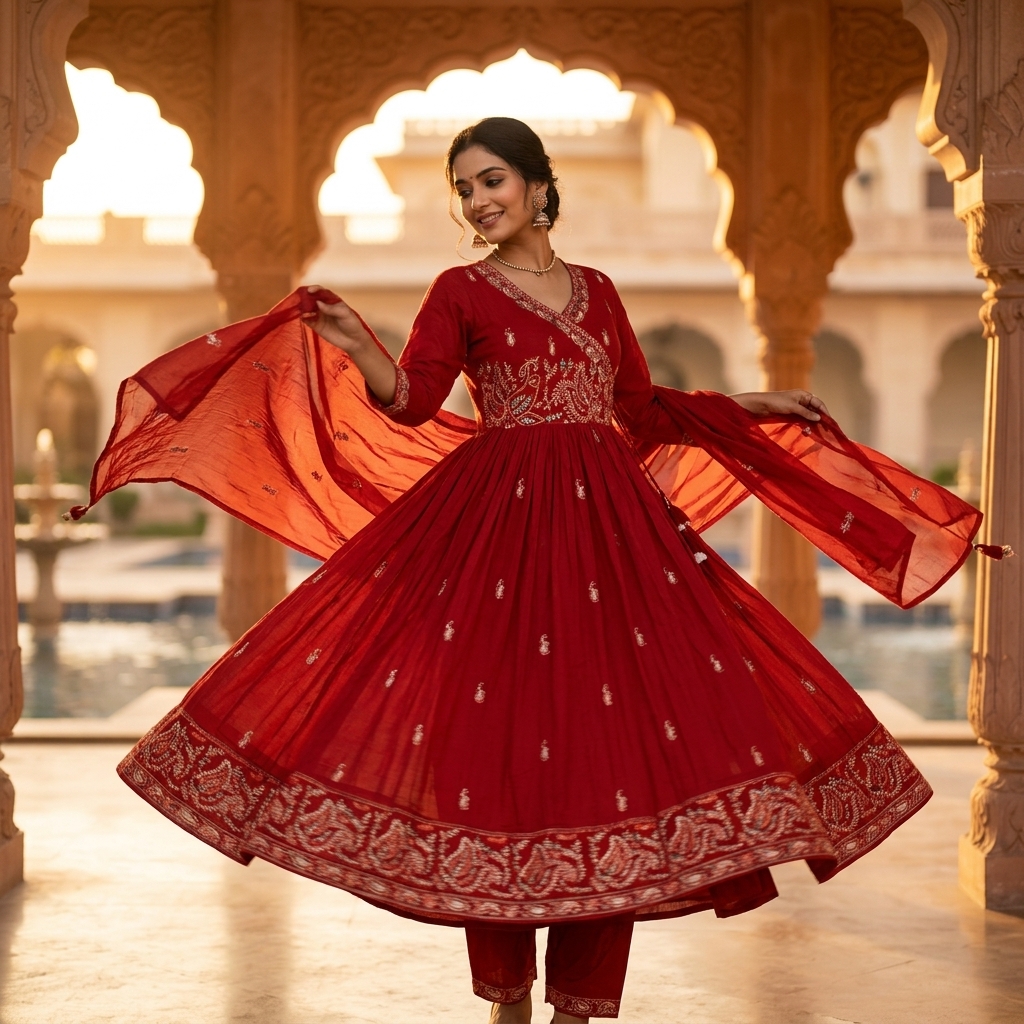 Maroon Embroidered Angrakha Anarkali Suit Set view 3