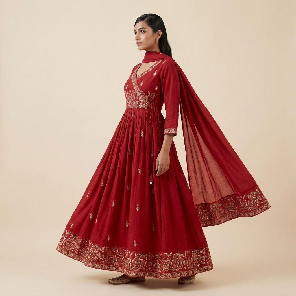 Maroon Embroidered Angrakha Anarkali Suit Set view 4