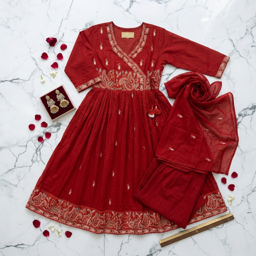 Maroon Embroidered Angrakha Anarkali Suit Set view 6