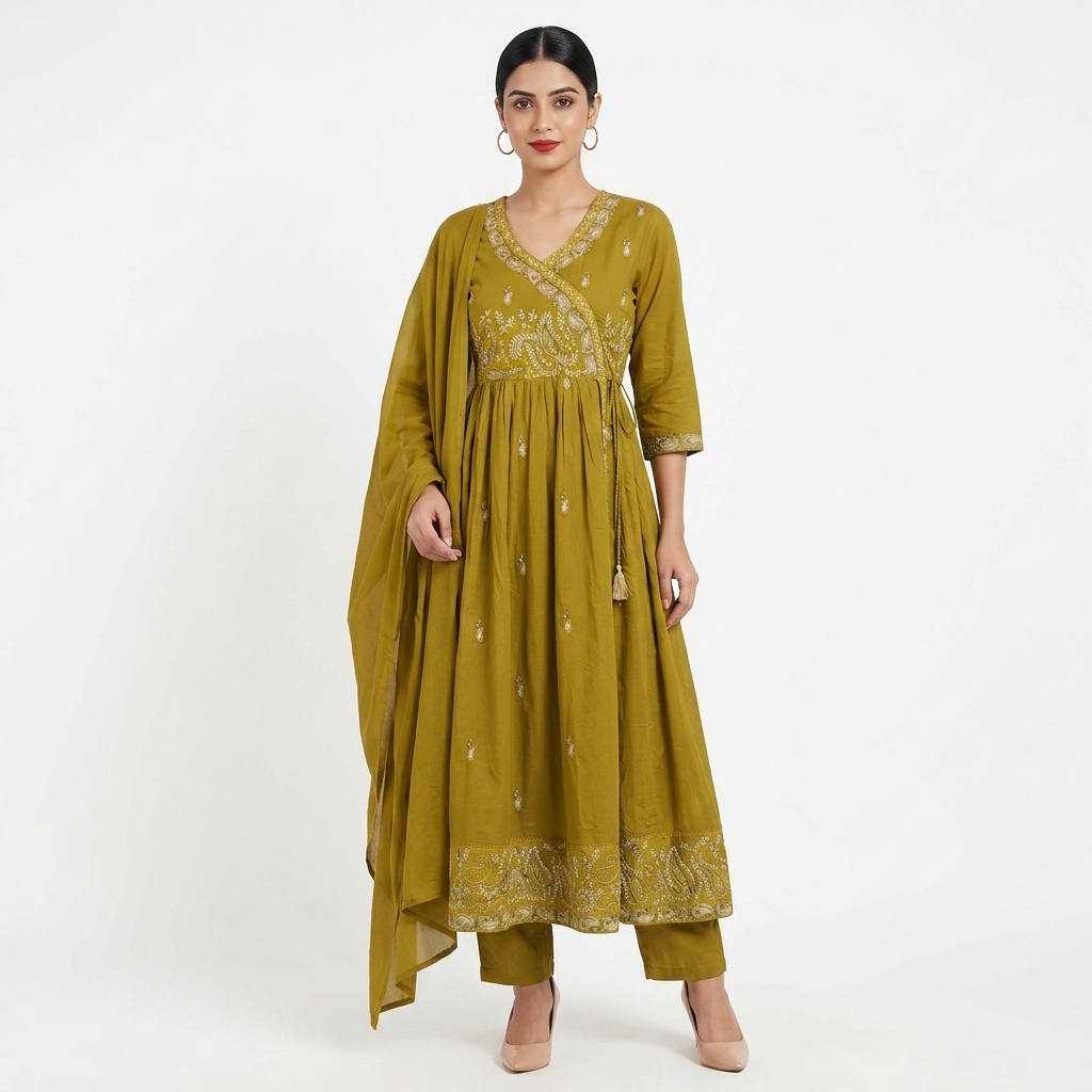 Mustard Olive Embroidered Angrakha Anarkali Suit Set