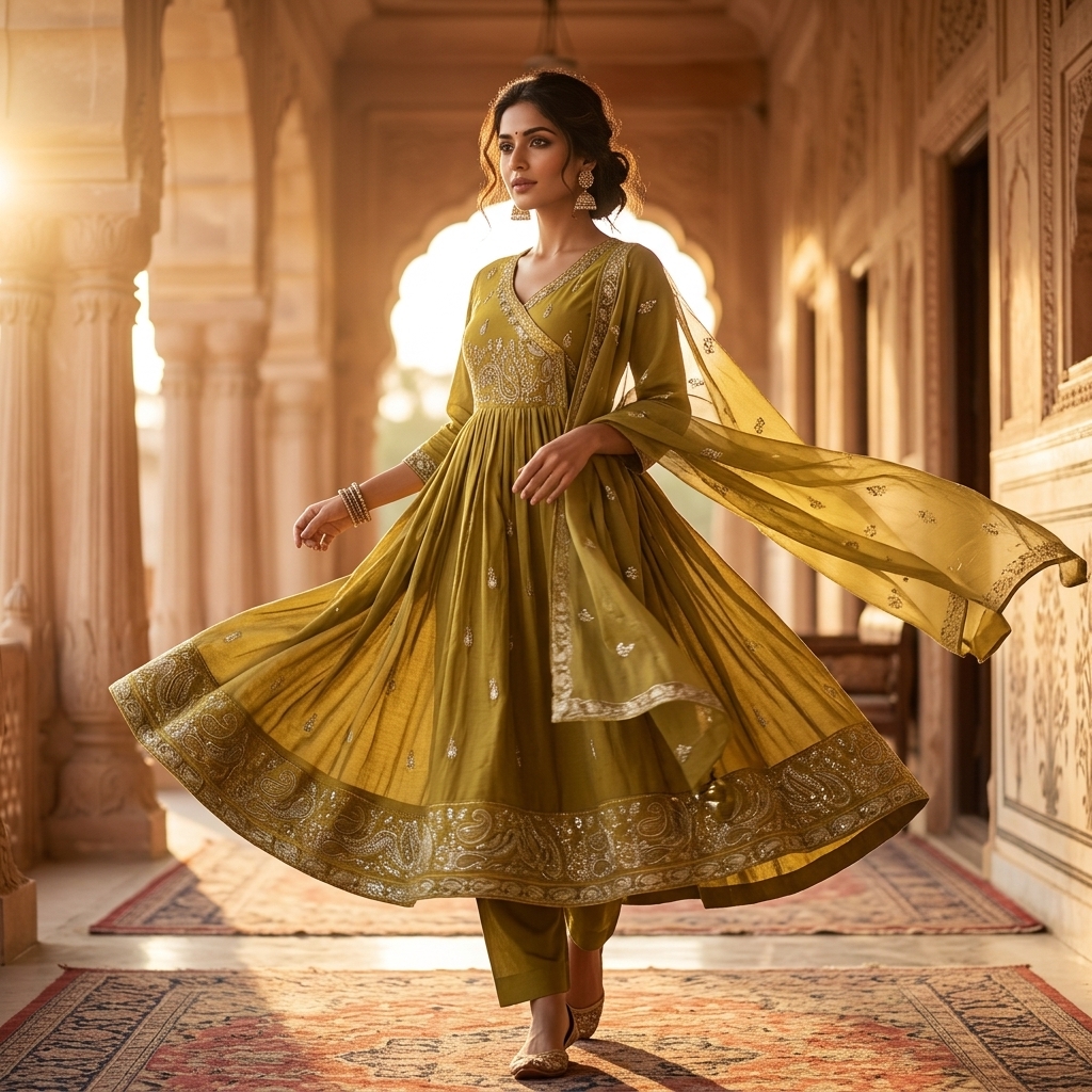 Mustard Olive Embroidered Angrakha Anarkali Suit Set view 3