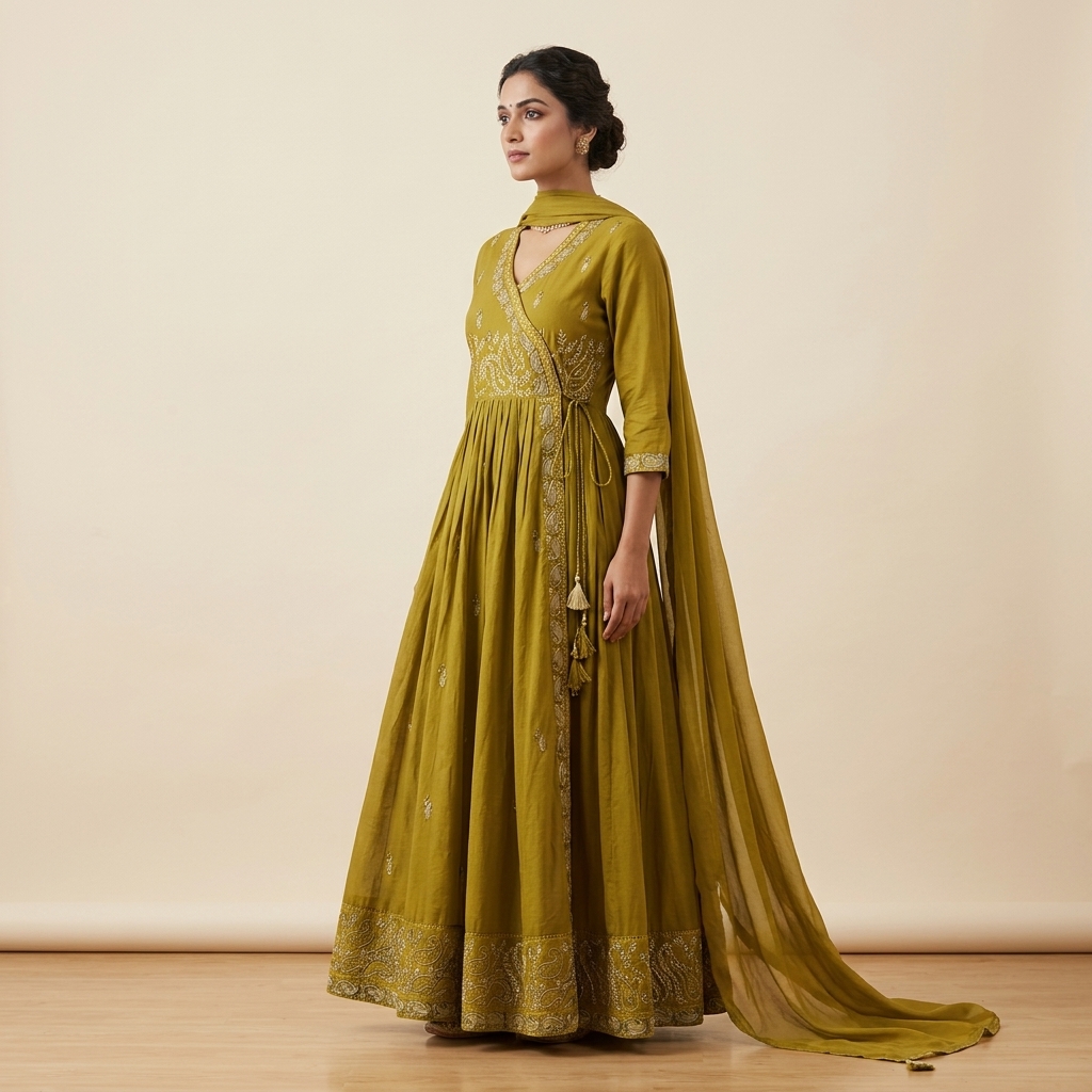 Mustard Olive Embroidered Angrakha Anarkali Suit Set view 4