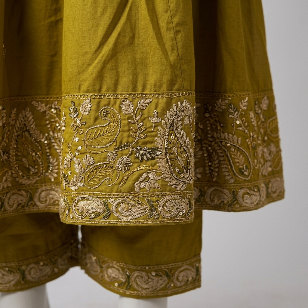 Mustard Olive Embroidered Angrakha Anarkali Suit Set view 5