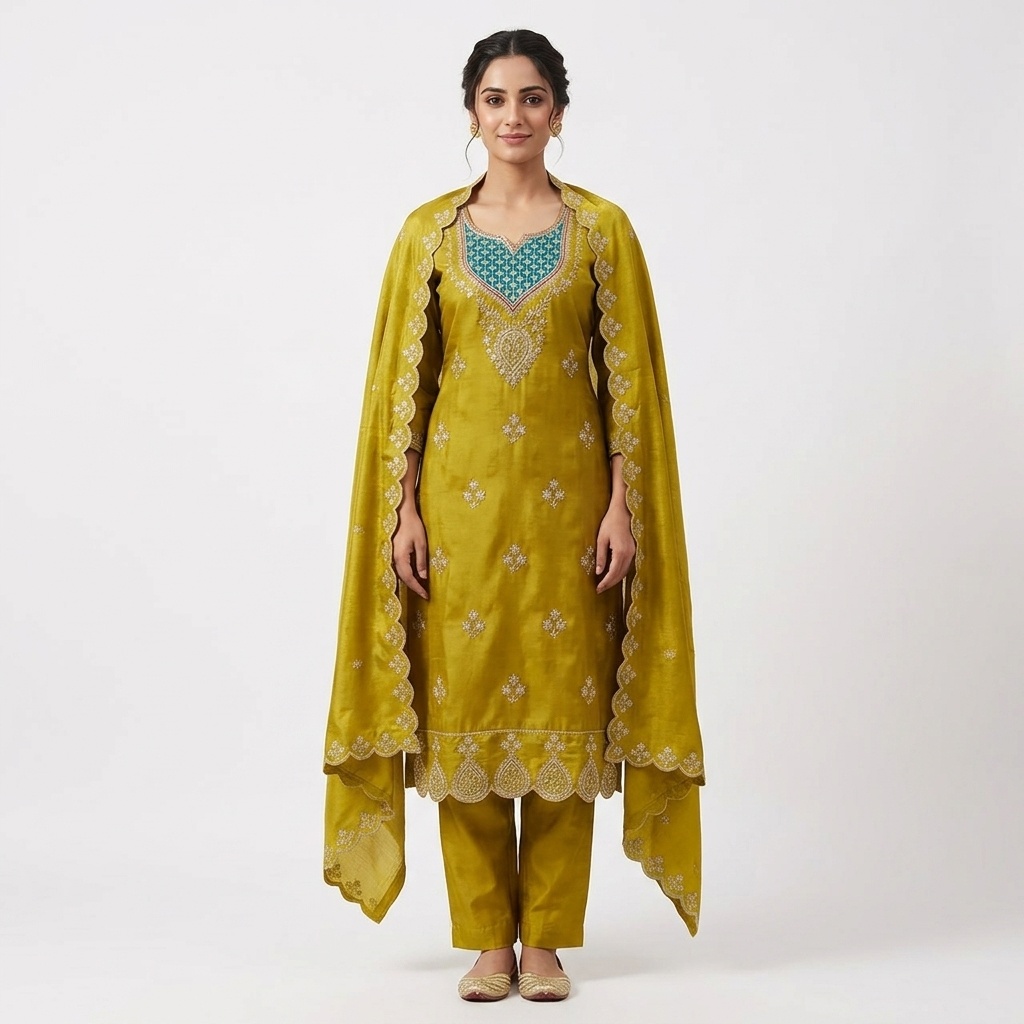 Mustard Green Embroidered Straight Suit Set