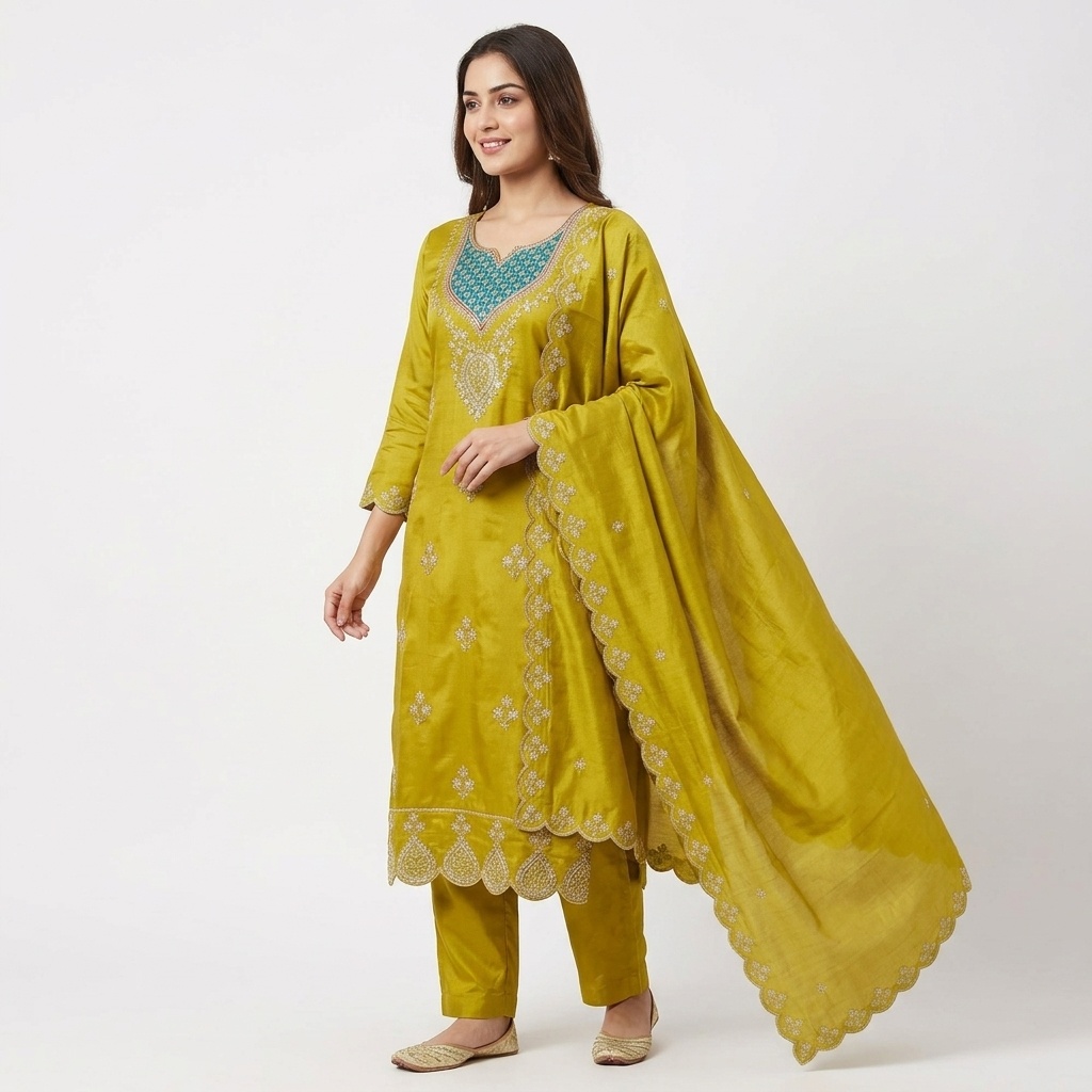 Mustard Green Embroidered Straight Suit Set view 3