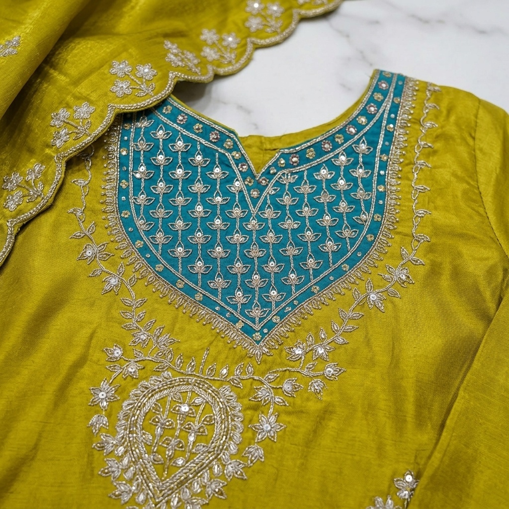 Mustard Green Embroidered Straight Suit Set view 4