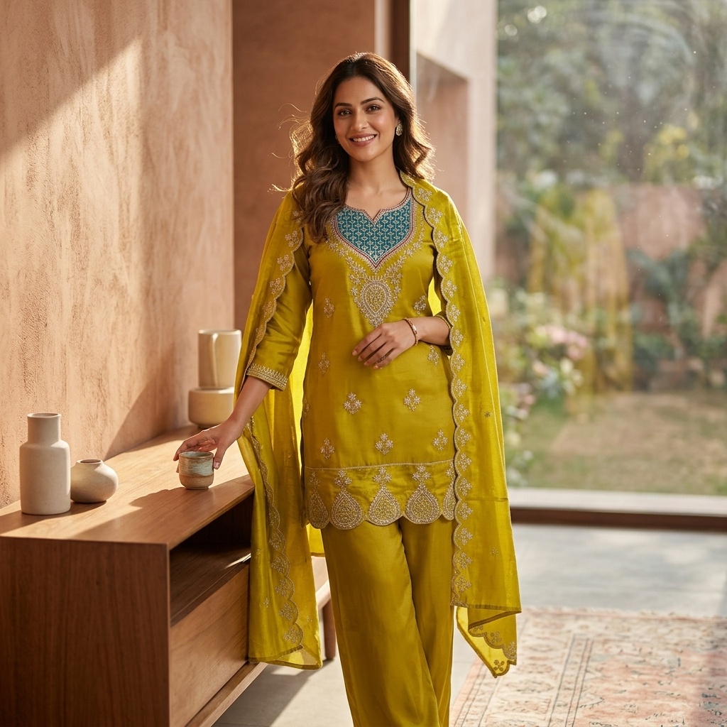 Mustard Green Embroidered Straight Suit Set view 5