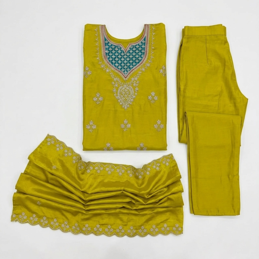 Mustard Green Embroidered Straight Suit Set view 6