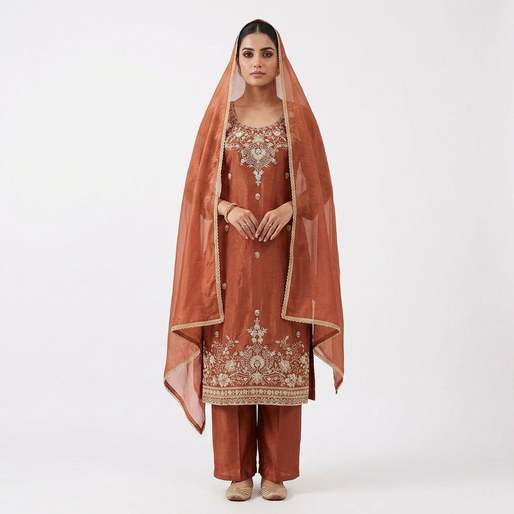 Rust Embroidered Straight Suit Set