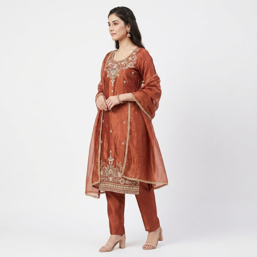 Rust Embroidered Straight Suit Set view 3