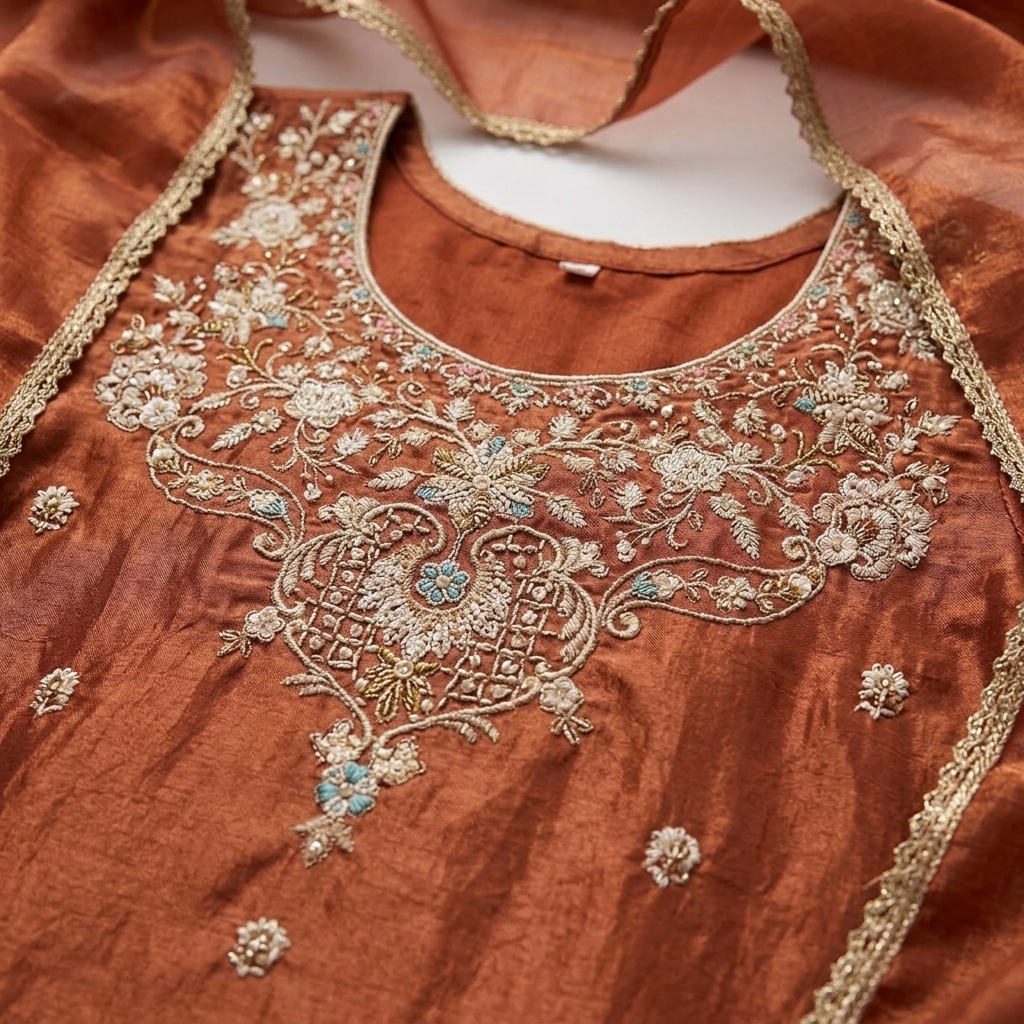 Rust Embroidered Straight Suit Set view 4