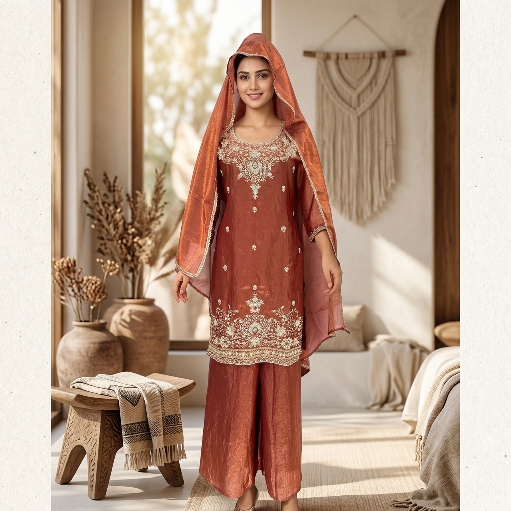 Rust Embroidered Straight Suit Set view 5