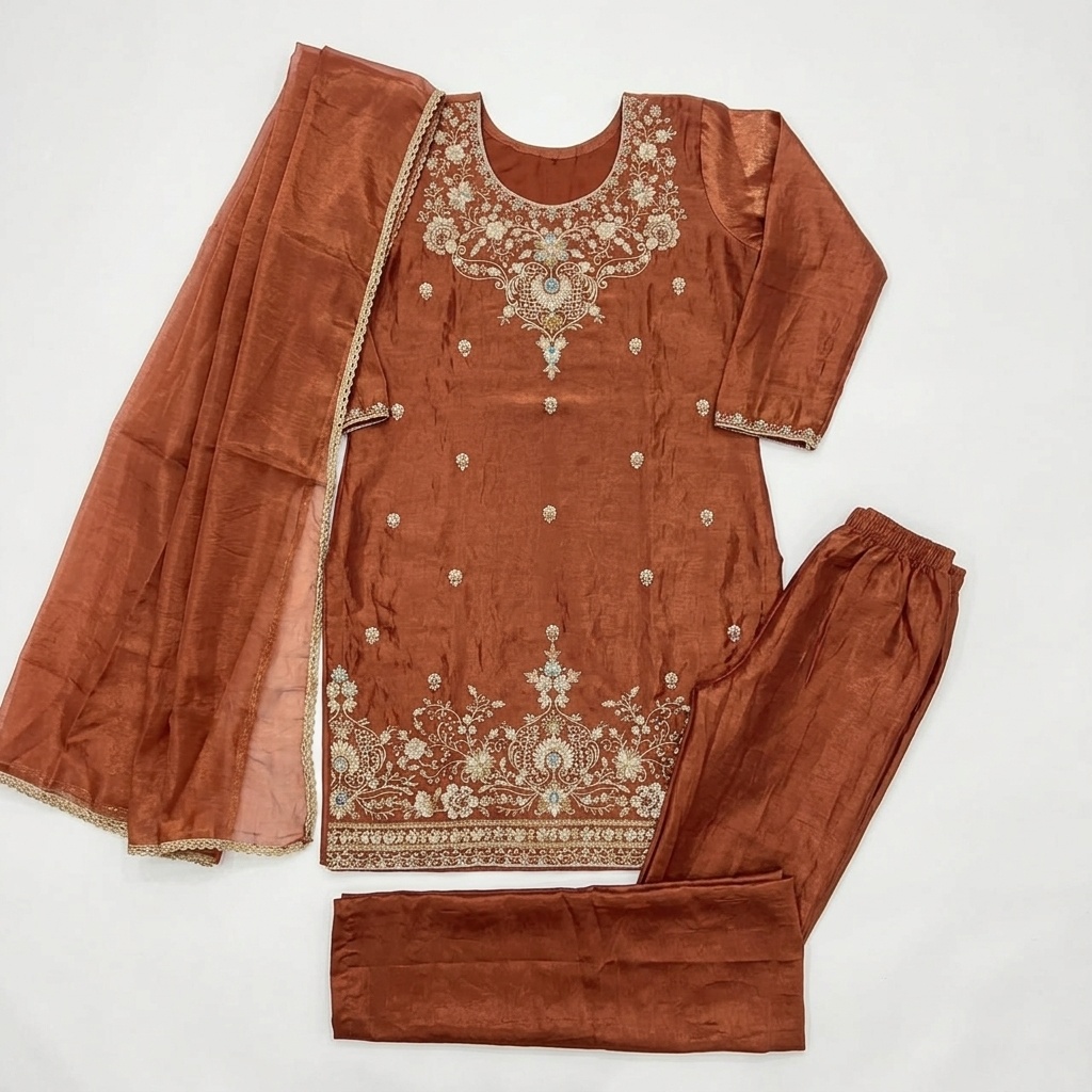 Rust Embroidered Straight Suit Set view 6