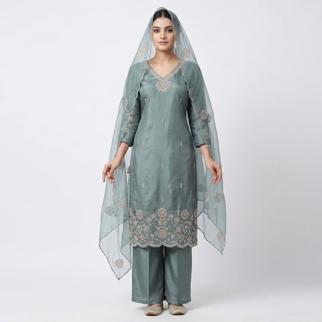Sage Green Embroidered Straight Suit Set
