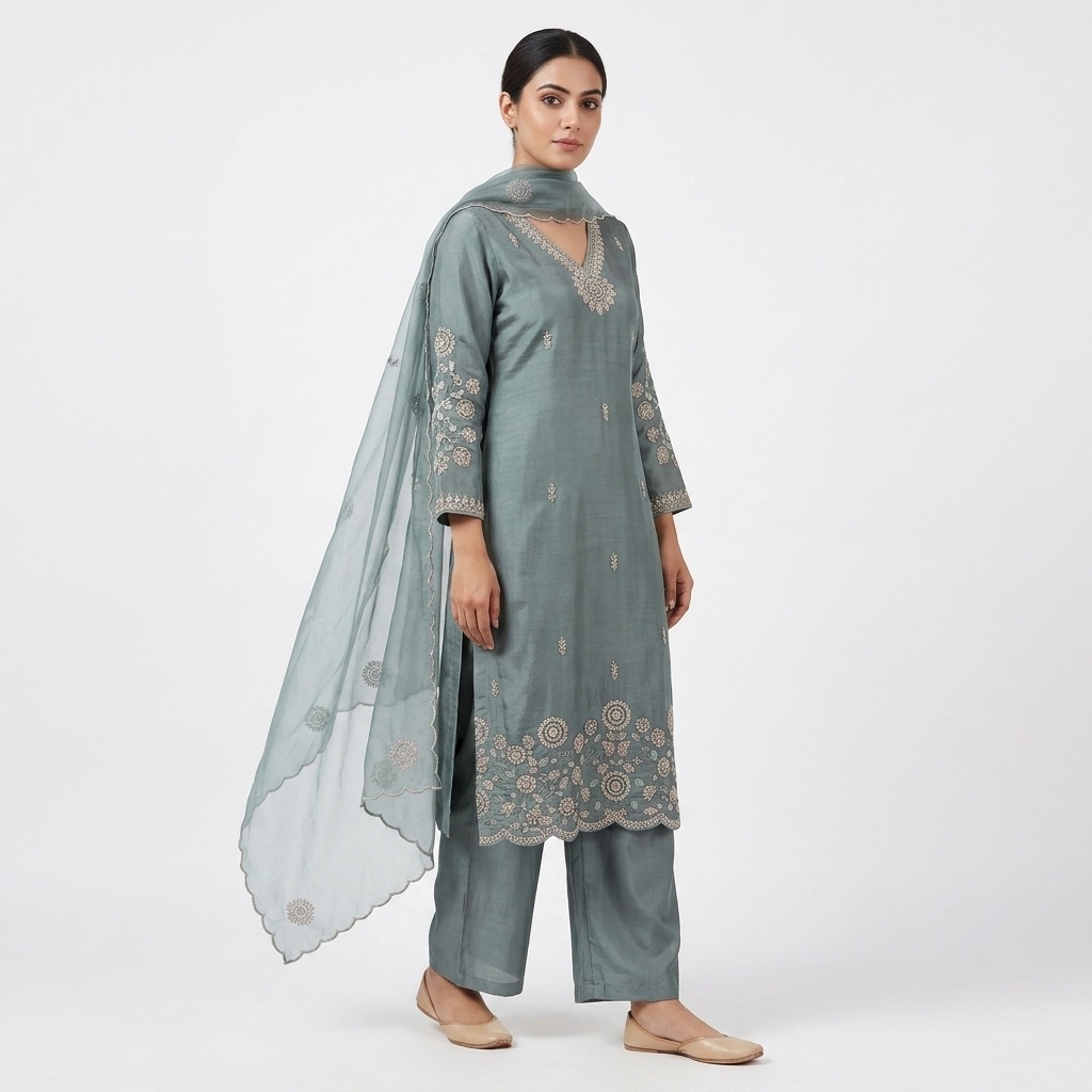 Sage Green Embroidered Straight Suit Set view 3